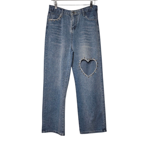 The Unbranded Brand Denim - Unbranded Embellished Heart Cutout Wide Leg Jeans, Size 26, NWOT